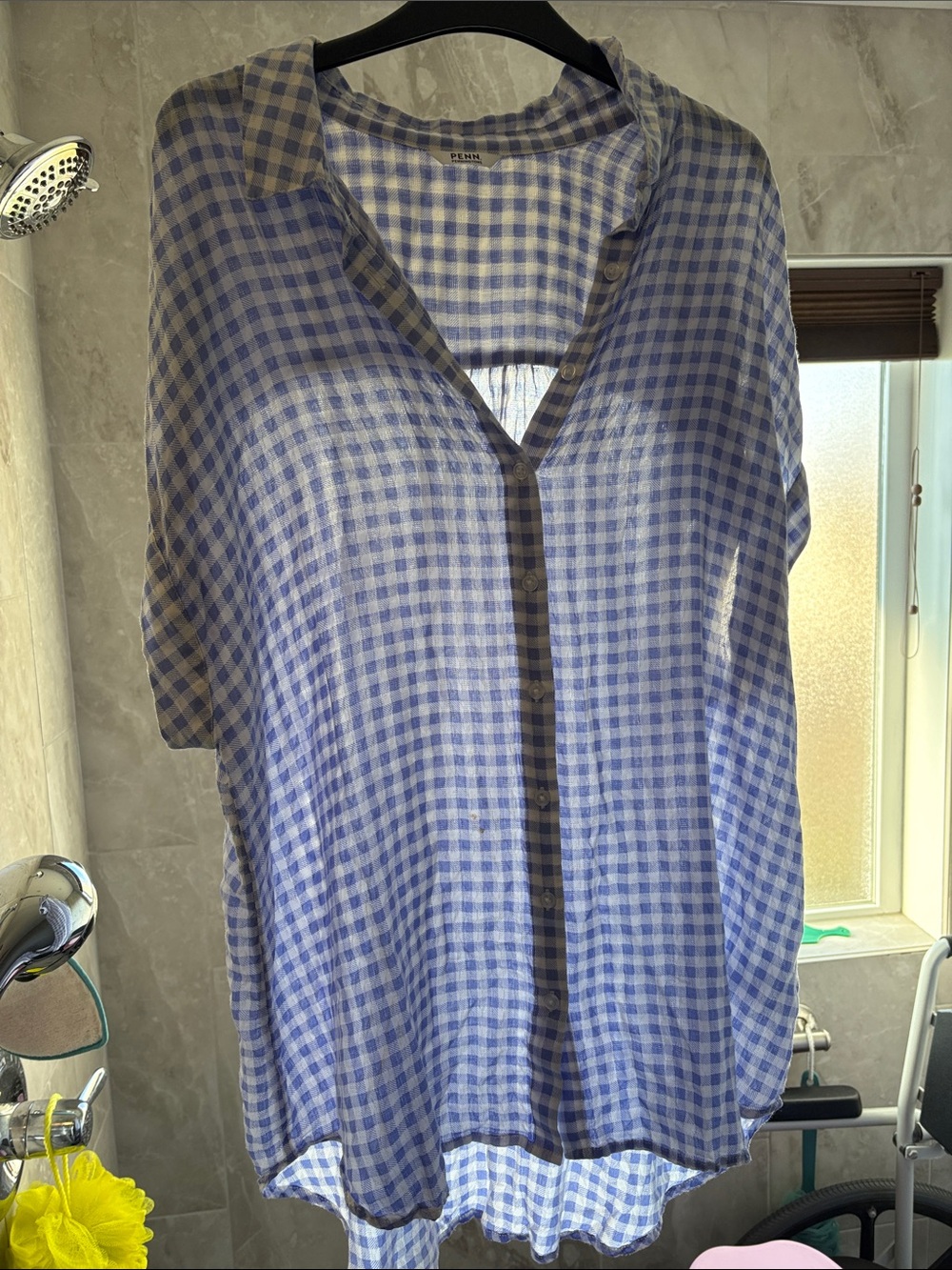 Penningtons Blue and White Gingham Short Sleeve Button Front Top